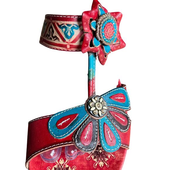 Corky's Haiti Sandals Wedge Size 11 Red Turquoise Leather Floral Slip On Slide - Picture 5 of 8